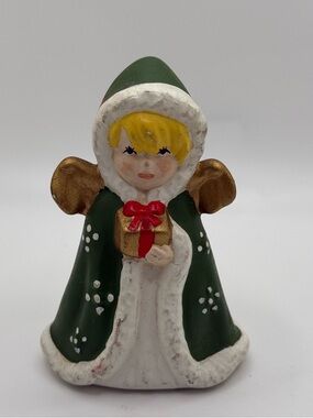 Hand-Painted Green Angel Figurine with gift signed by Murray Christmas decor